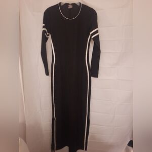 Chic Long Sleeve Black Dress with White Accents